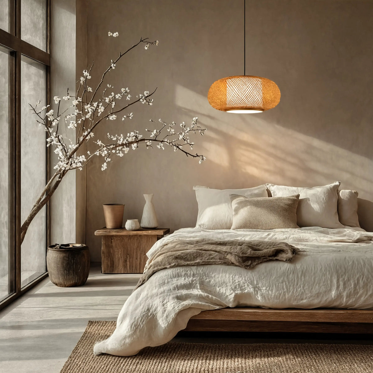 Paros openwork oval rattan pendant light – shown in a bedroom