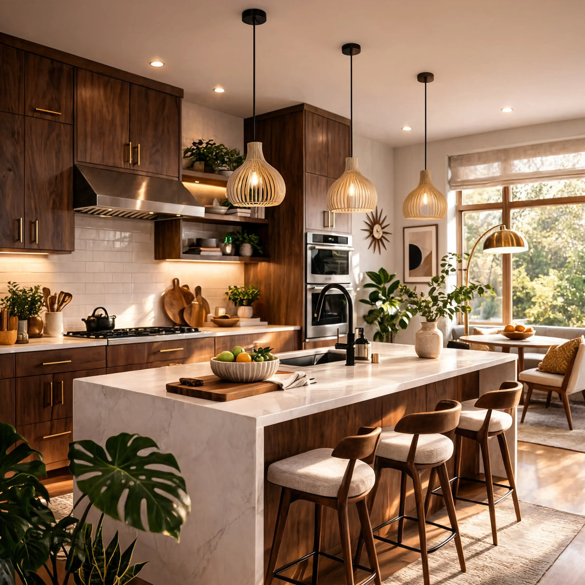 Paxos slatted rattan bulb pendant light – shown in a kitchen (2)