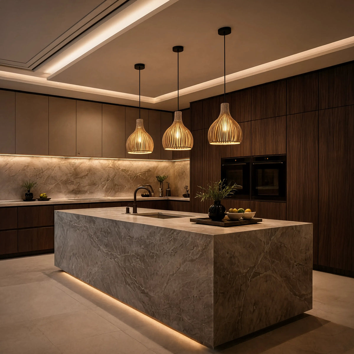 Paxos slatted rattan bulb pendant light – shown in a kitchen (3)