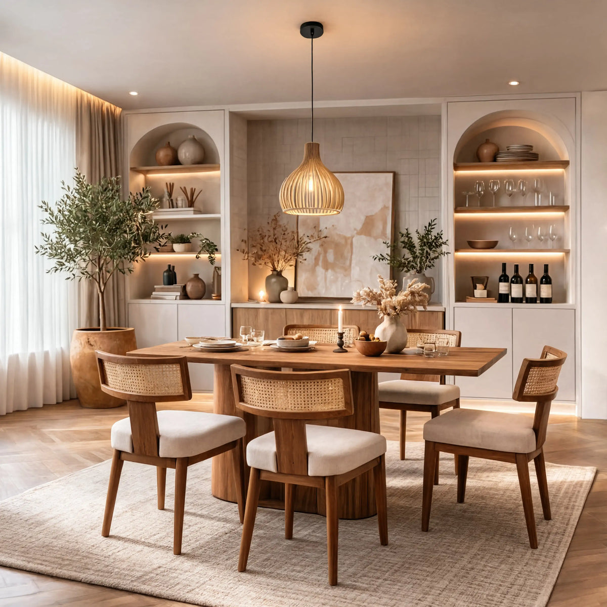 Paxos slatted rattan bulb pendant light – shown in a dining room