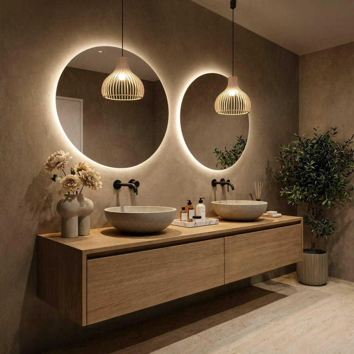 Paxos slatted rattan bulb pendant light – shown in a bathroom