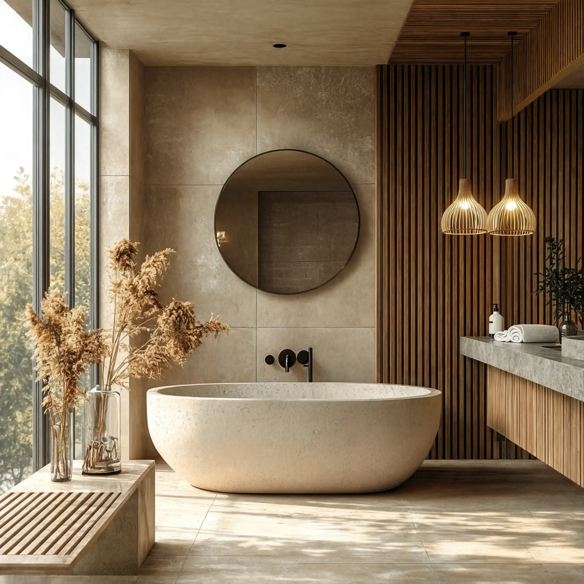 Paxos slatted rattan bulb pendant light – shown in a bathroom (3)