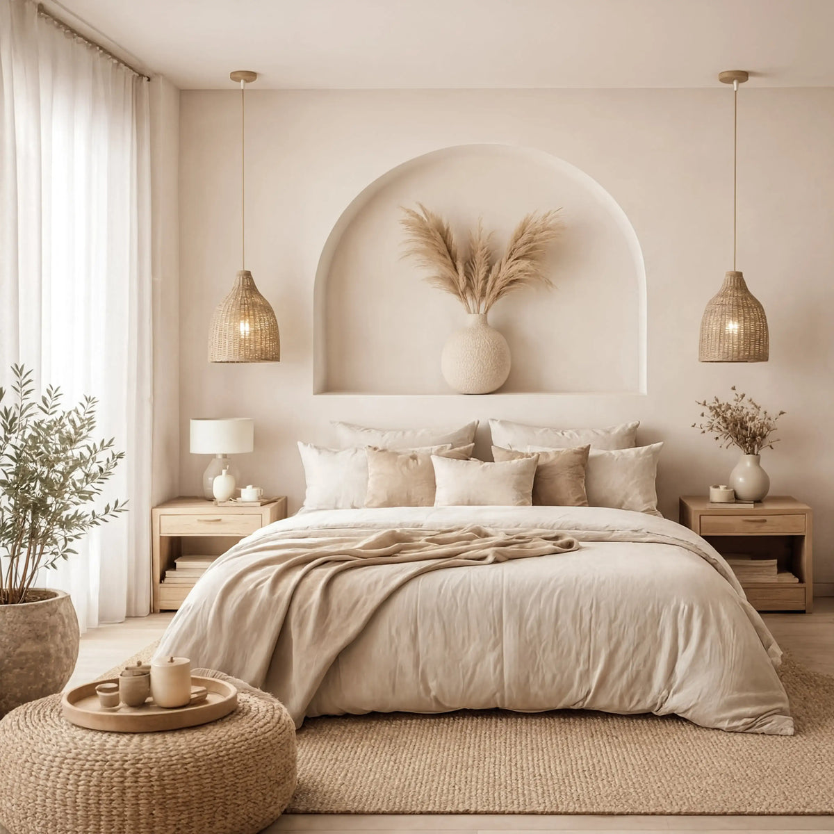 Serifos dense-weave rattan bell pendant light – shown in a bedroom