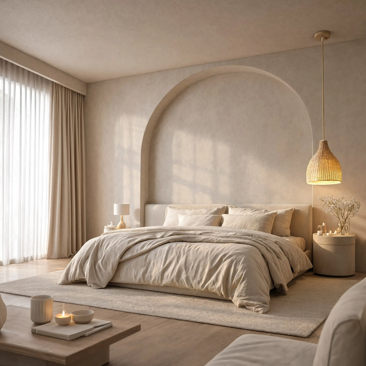 Serifos dense-weave rattan bell pendant light – shown in a bedroom (2)