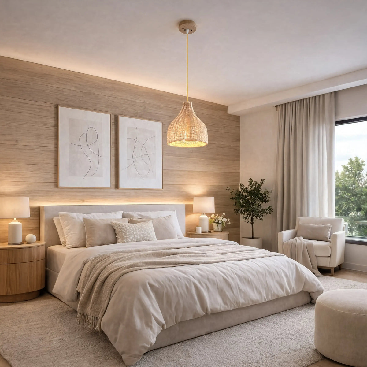Serifos dense-weave rattan bell pendant light – shown in a bedroom (3)