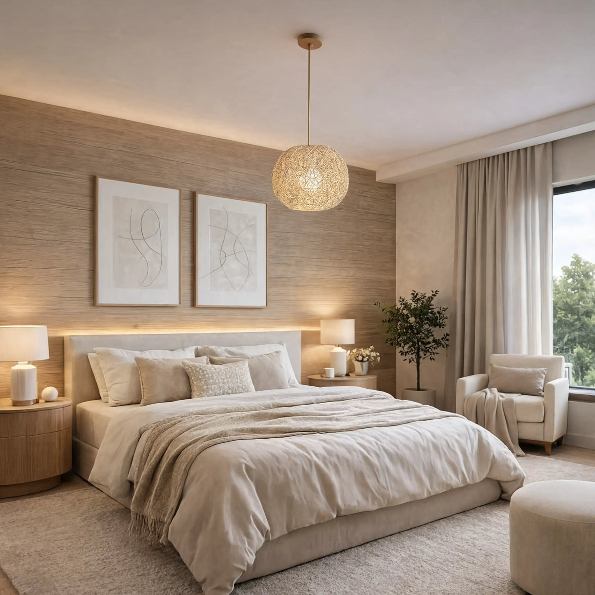 Sifnos rattan globe pendant light – shown in a bedroom