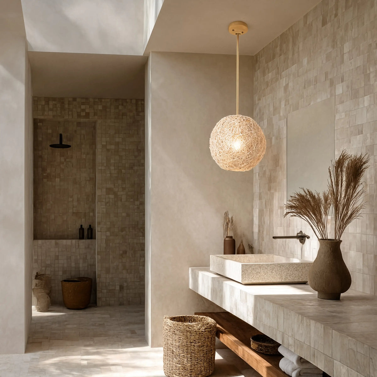 Sifnos rattan globe pendant light – shown in a bathroom