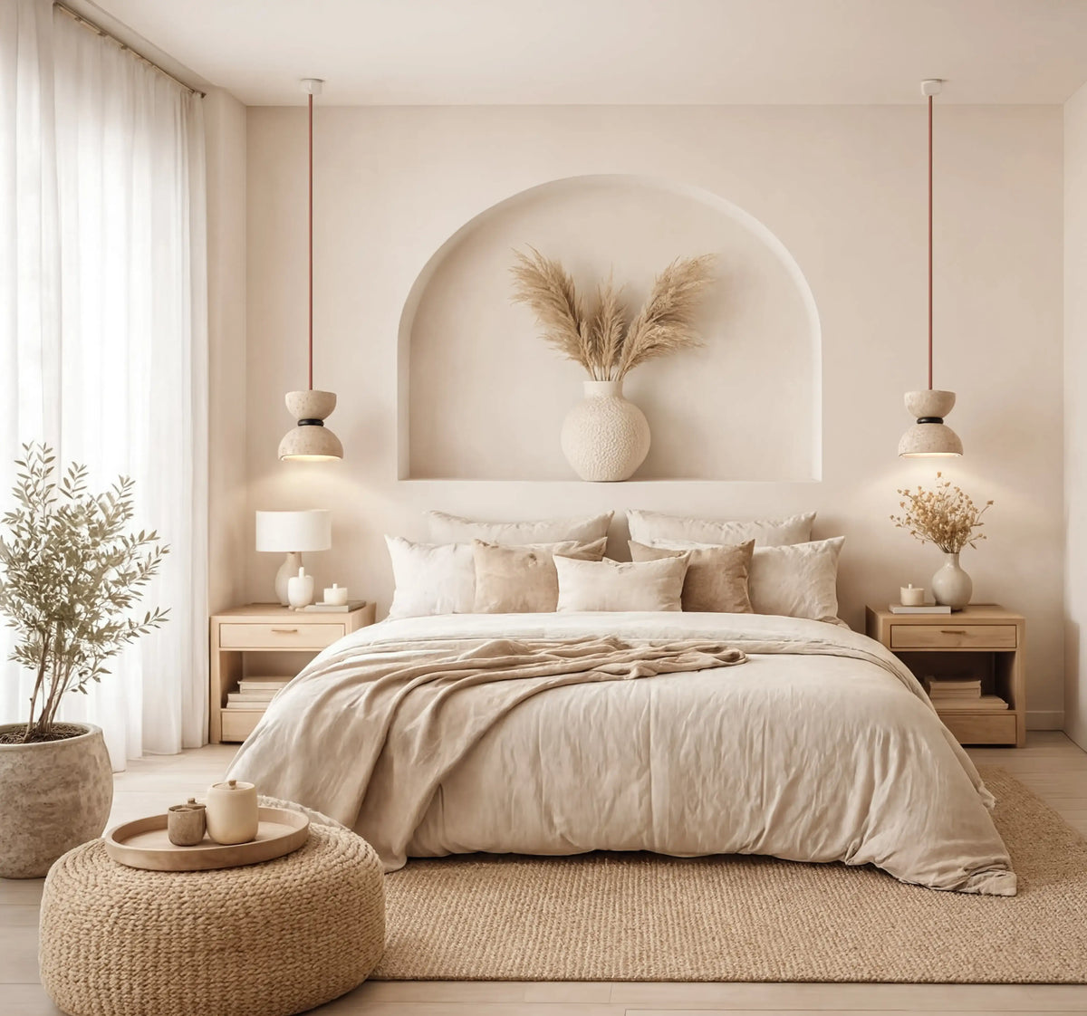 Sybaris travertine hourglass pendant light – shown in a bedroom (2)