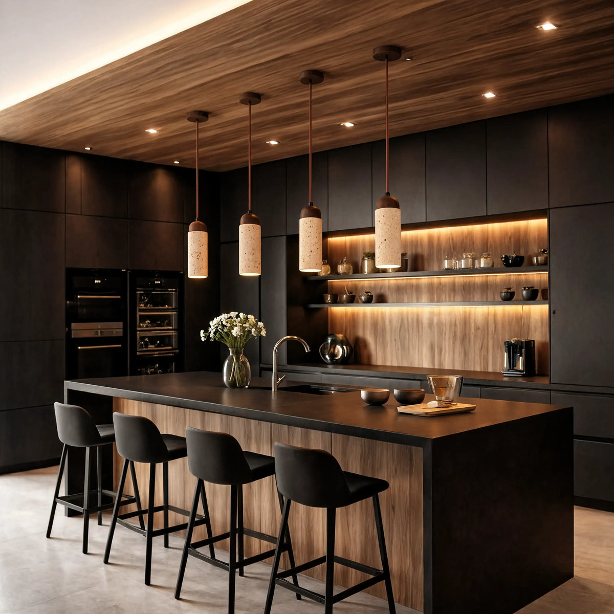 Terracina travertine tube pendant with dark wood dome – shown in a kitchen (2)