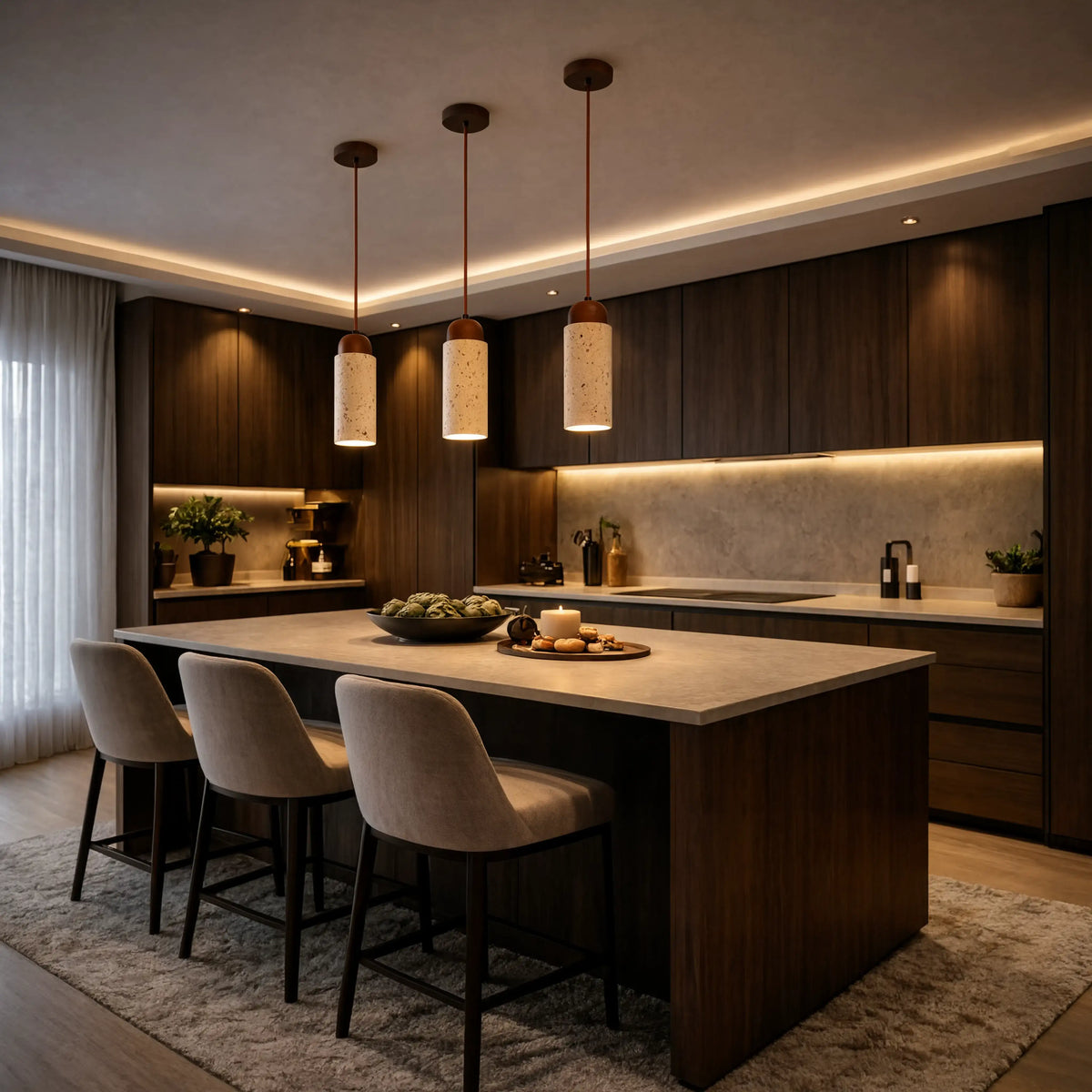 Terracina travertine tube pendant with dark wood dome – shown in a kitchen (4)