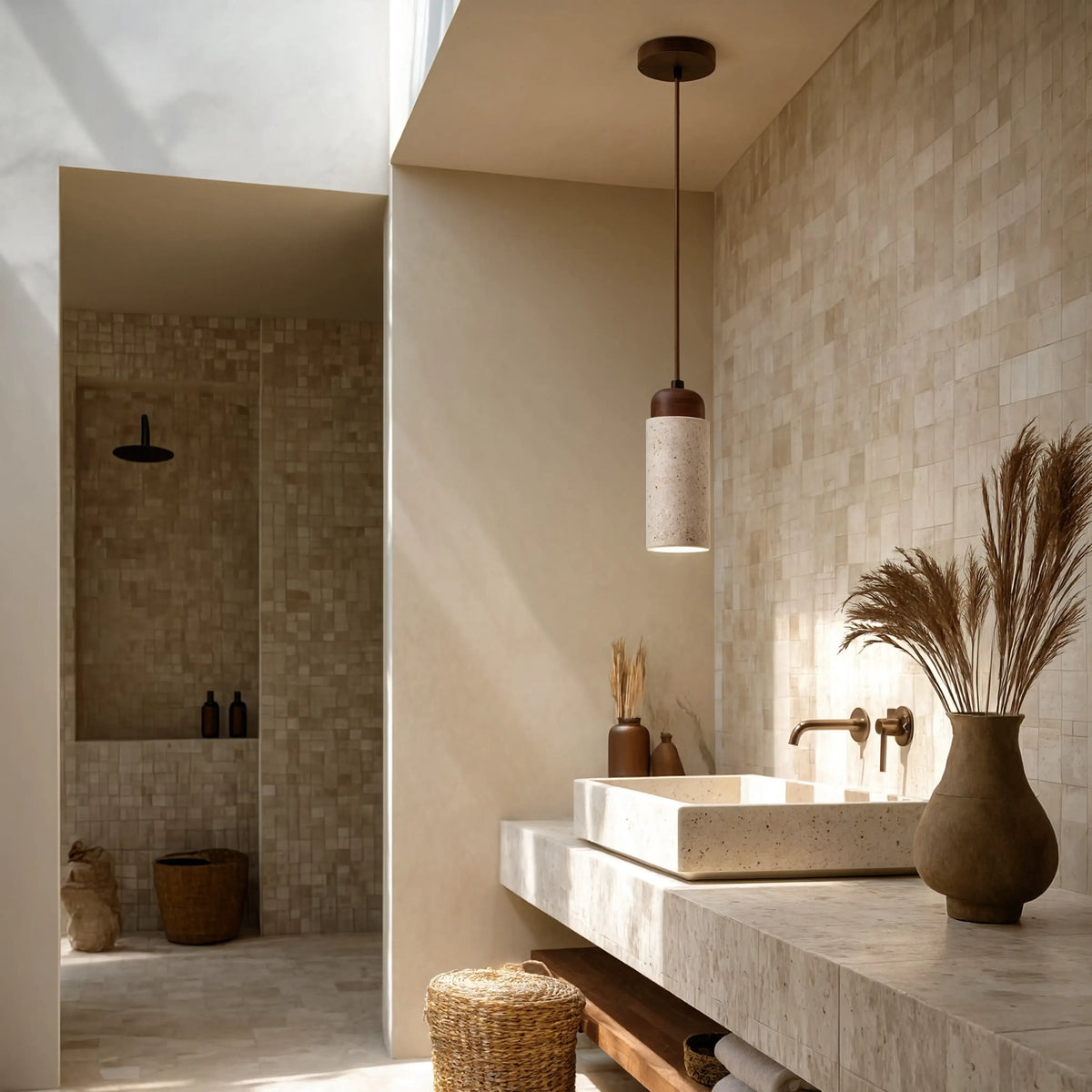 Terracina travertine tube pendant with dark wood dome – shown in a bathroom