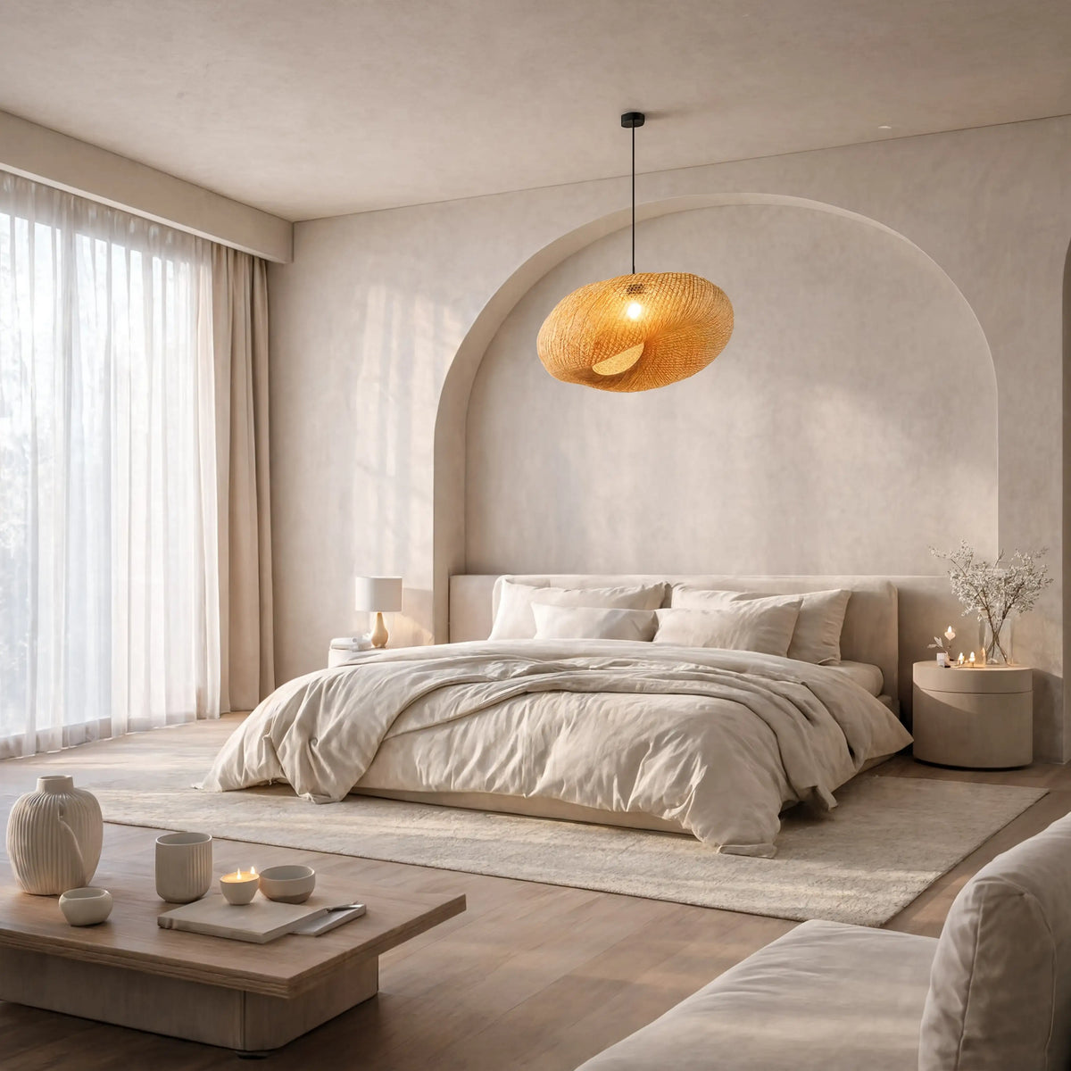 Triton twisted woven rattan pendant light – shown in a bedroom (2)