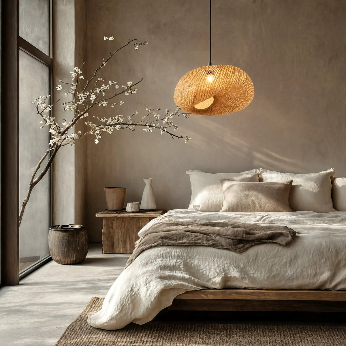 Triton twisted woven rattan pendant light – shown in a bedroom (8)