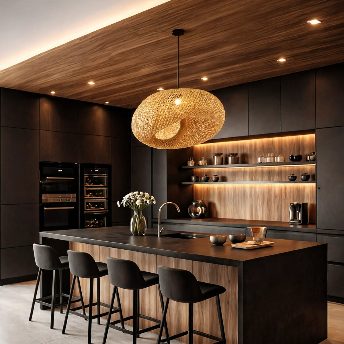 Triton twisted woven rattan pendant light – shown in a kitchen (2)