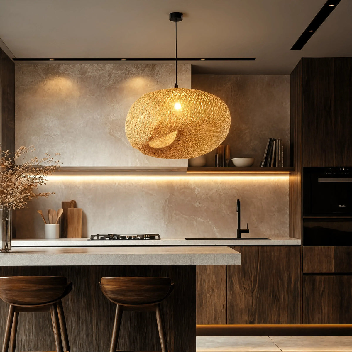 Triton twisted woven rattan pendant light – shown in a kitchen