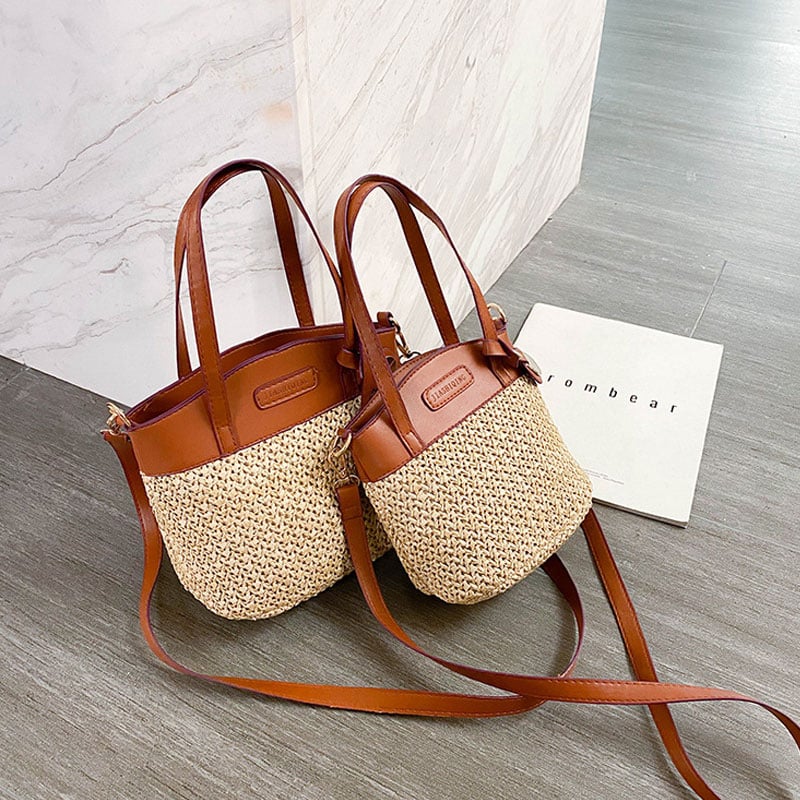 Straw handbag with soft faux leather trim