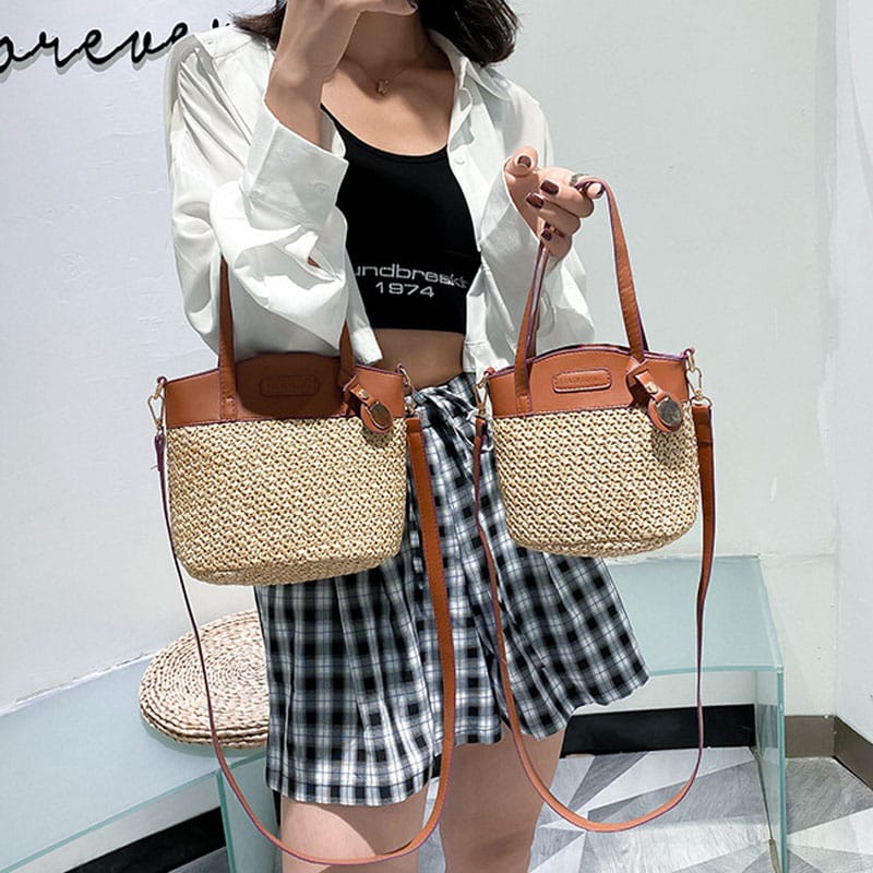 Straw handbag with soft faux leather trim – worn by a model