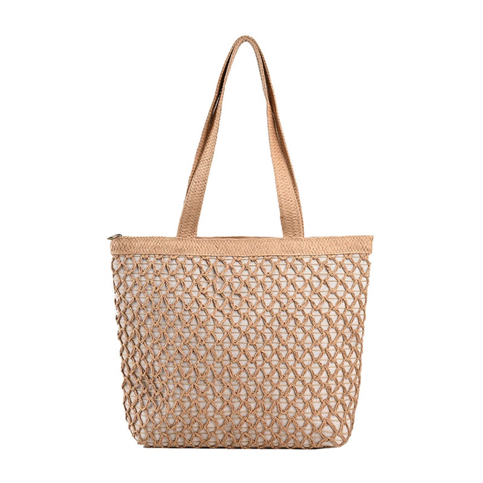 Golden woven handbag with a central zipper – another view