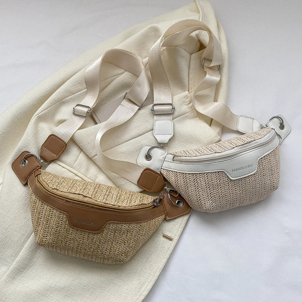 Elongated woven straw crossbody bag