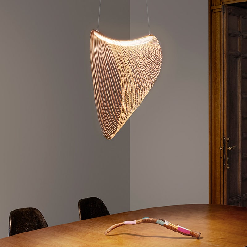 Futuristic geometric wood blade pendant light – shown in a room setting (4)