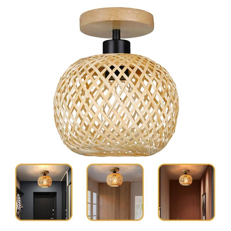 Handwoven rattan ball ceiling light with a tight matte weave – multiple views