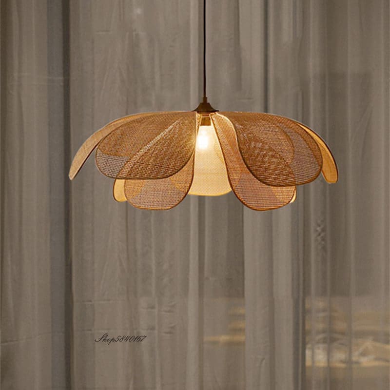 Minimalist handwoven rattan flower pendant light with geometric petals
