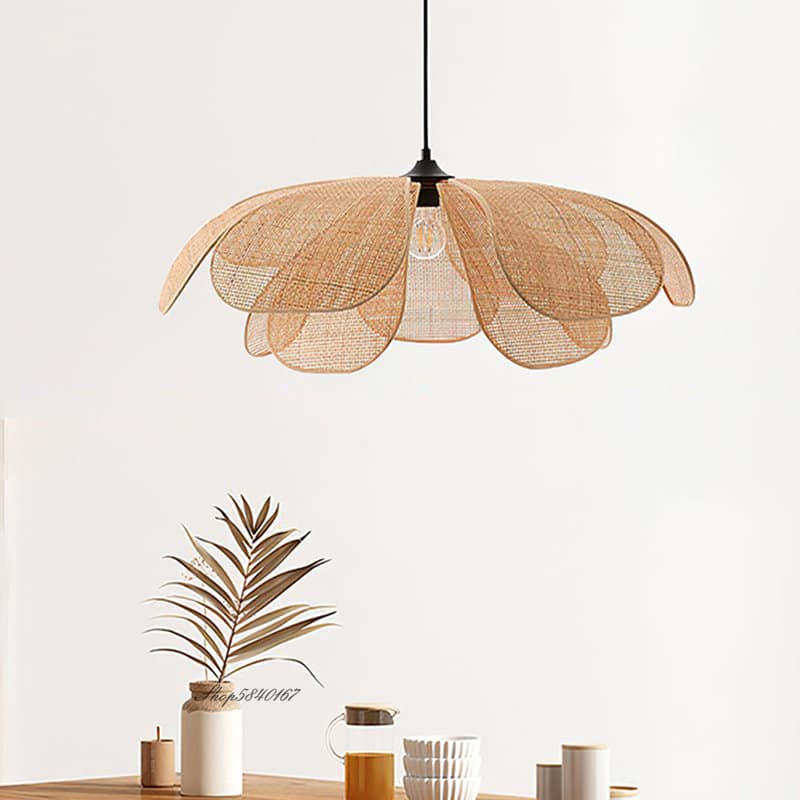 Minimalist handwoven rattan flower pendant light with geometric petals – another view