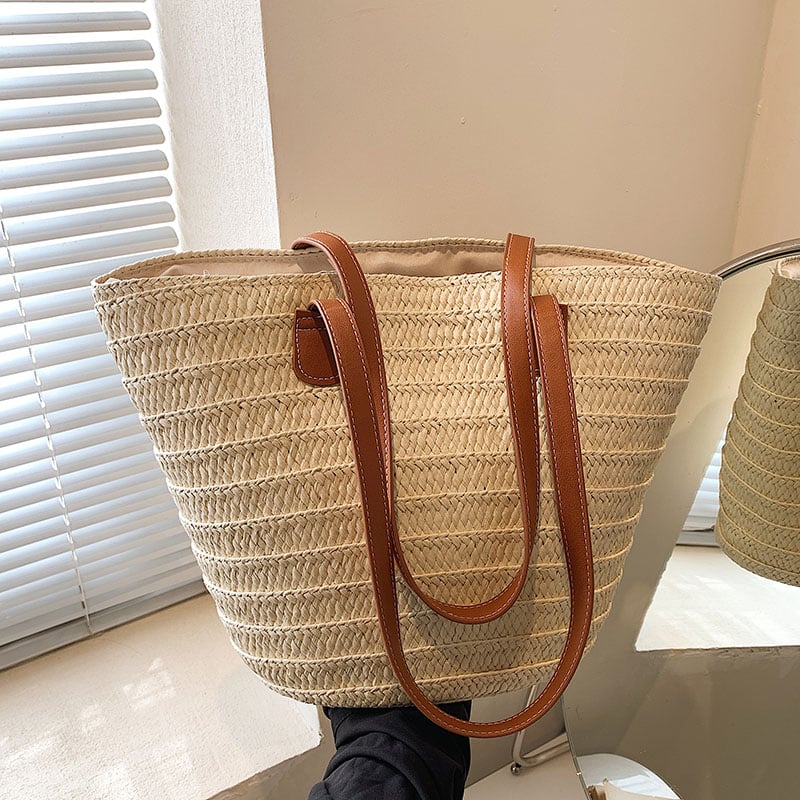 Woven rattan tote with large handles – brown variant, another view