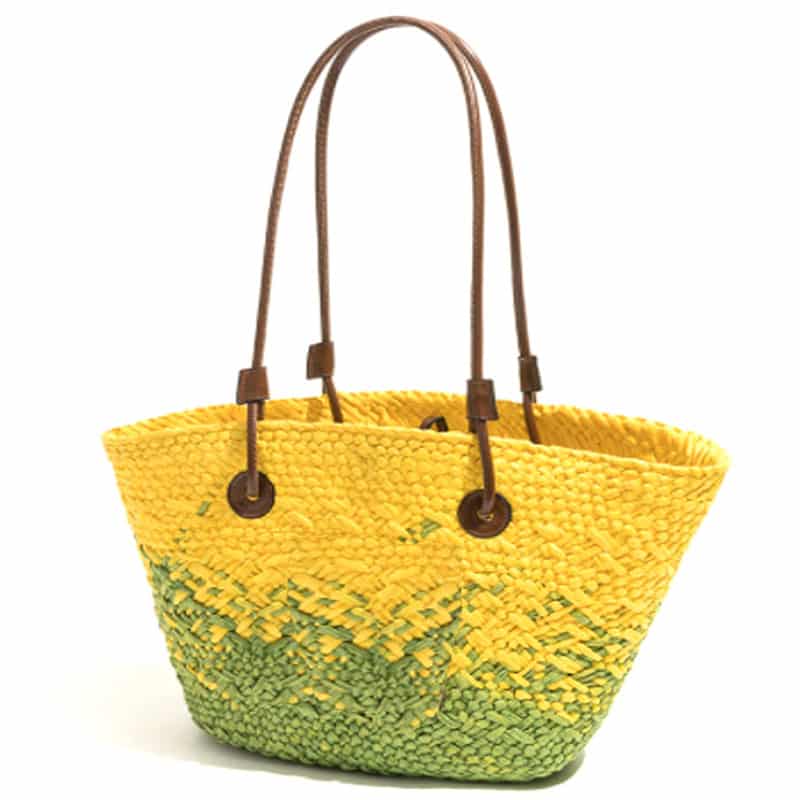 Yellow and green woven straw tote – another view