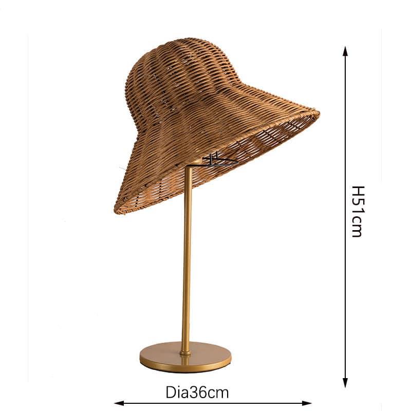 Rattan desk lamp with a handwoven hat-shaped shade – dimensions diagram