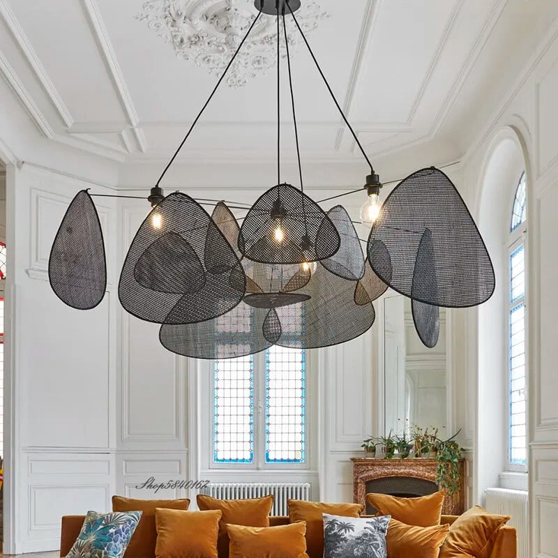 Matte black handwoven rattan pendant light – shown in a room setting (2)