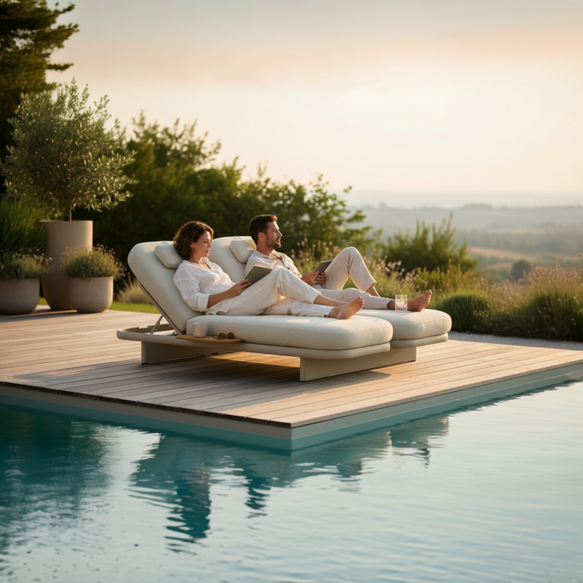 Rosa beige aluminum double chaise lounge with wheels – shown outdoors