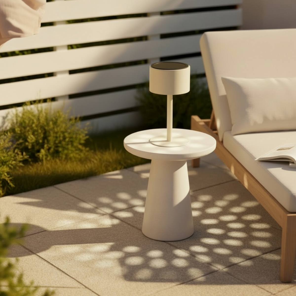 Arlo Round beige aluminum solar lamp – shown outdoors (3)