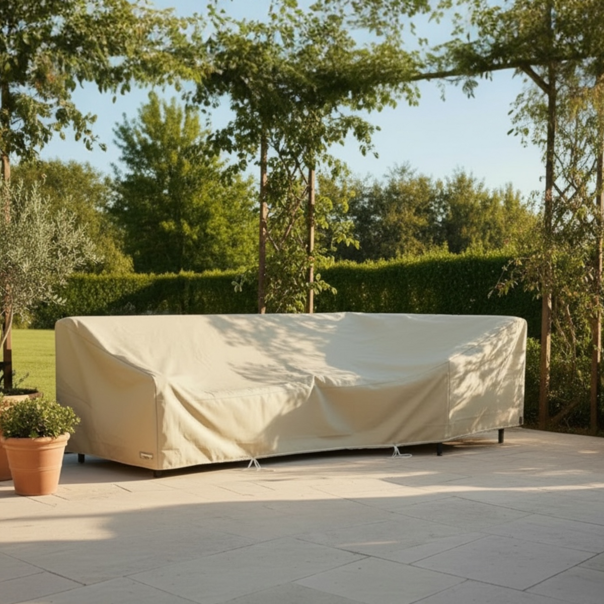 Custom-fit winter cover for corner lounge sets with armless chair – shown outdoors (2)