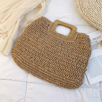 Woven straw tote with varnished wooden handles – brown variant, another view