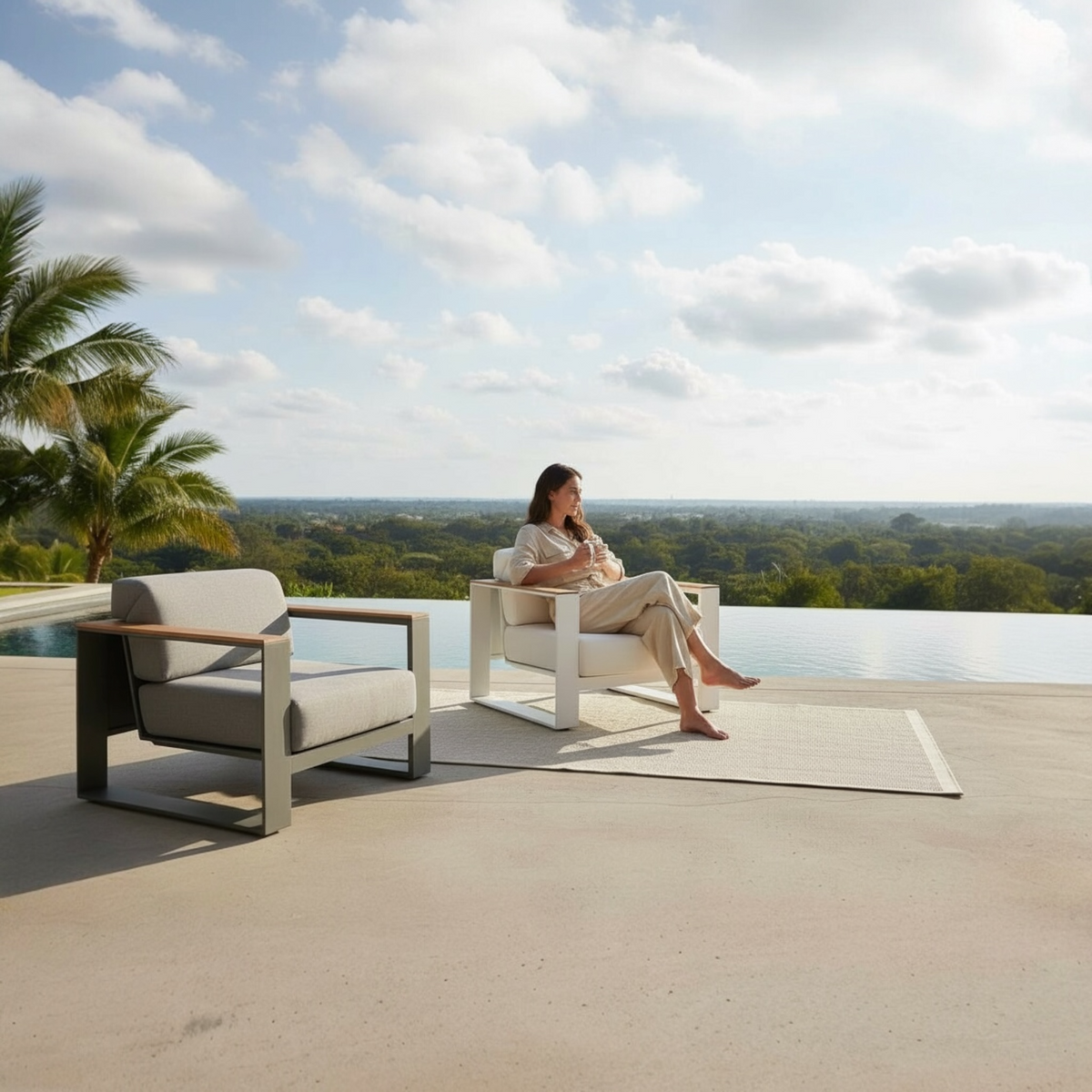 Sofy aluminum and teak modular armchair – shown outdoors