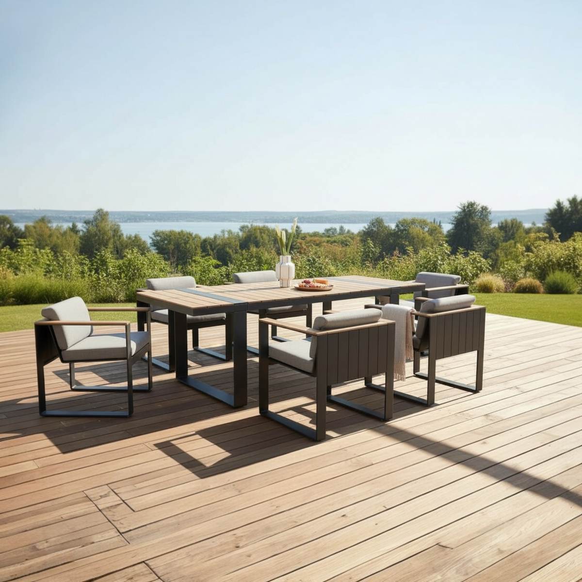 Sofy 6-seat slim aluminum and teak dining set – shown outdoors