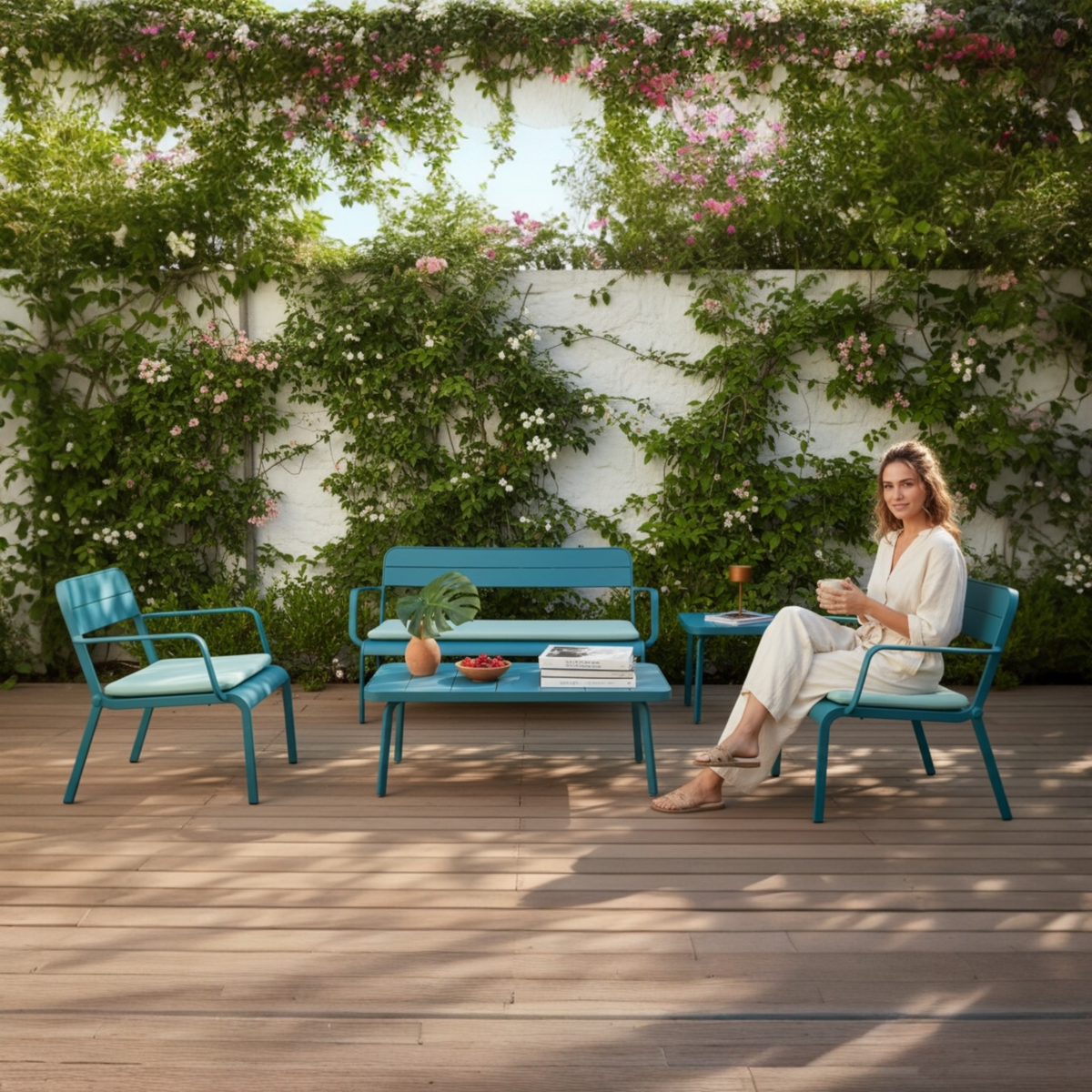 Joy stackable aluminum patio set in beige with loveseat and armchairs – shown outdoors (5)