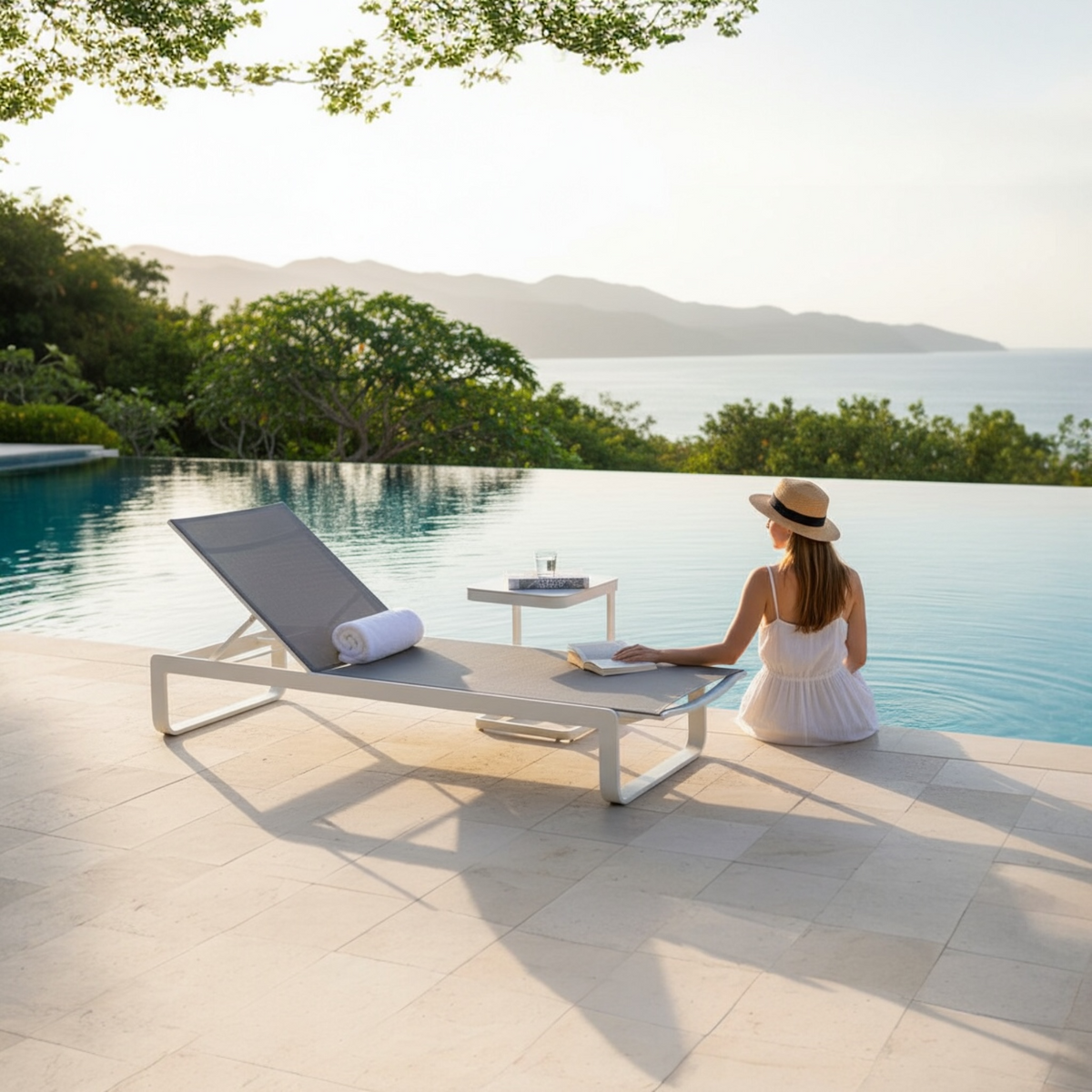 Romy gray aluminum chaise lounges, set of 2 with C side table – shown outdoors (2)