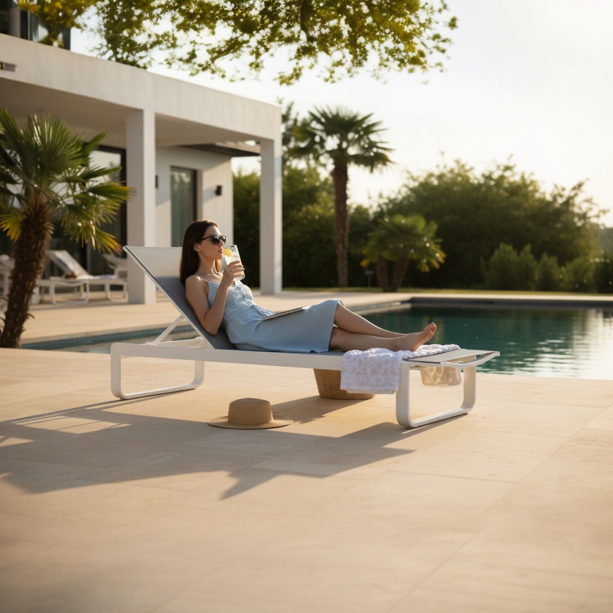 Romy white aluminum chaise lounge with gray textilene – shown outdoors (3)