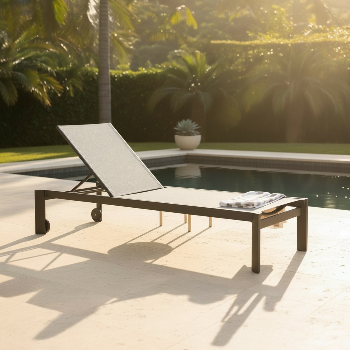 Nicky black aluminum chaise lounge with gray textilene – shown outdoors (3)