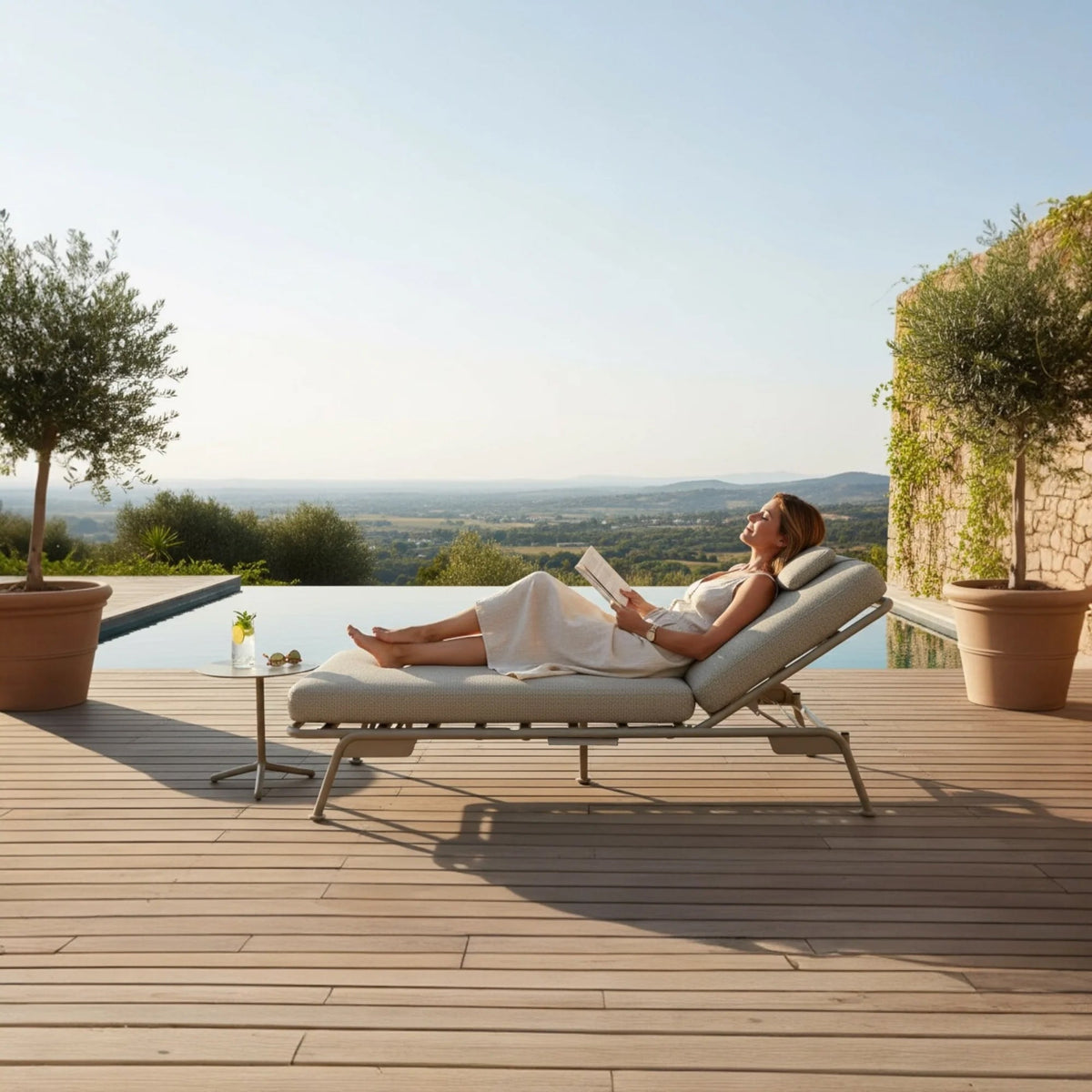 Sunny beige convertible aluminum outdoor sofa lounger – shown outdoors (2)