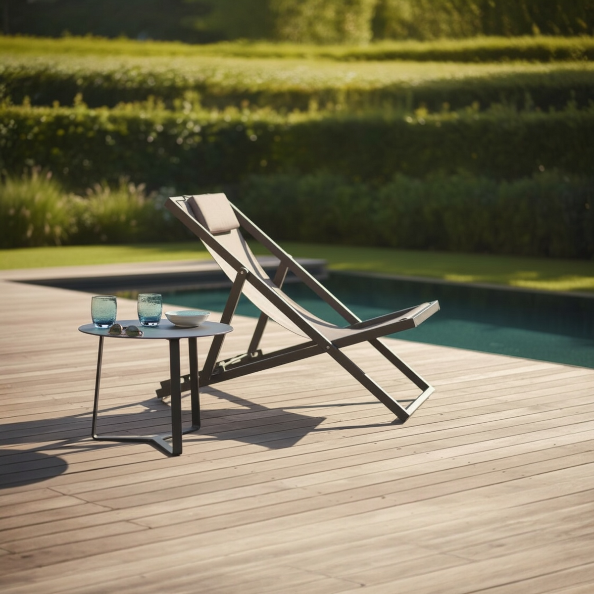 Kassy black folding aluminum sling chair – shown outdoors
