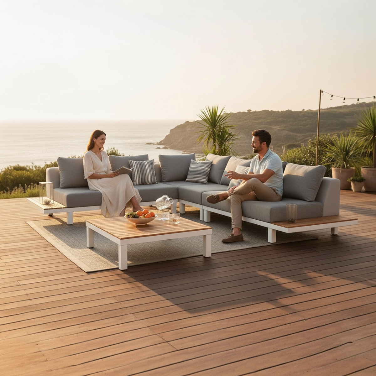 Orsy white aluminum corner lounge set with teak side tablets and teak coffee table – shown outdoors (3)