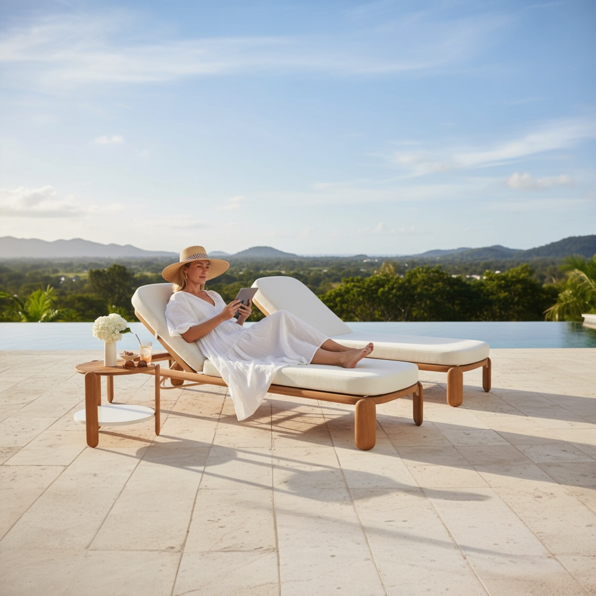 Roma solid teak chaise lounges, set of 2 with side table – shown outdoors (3)