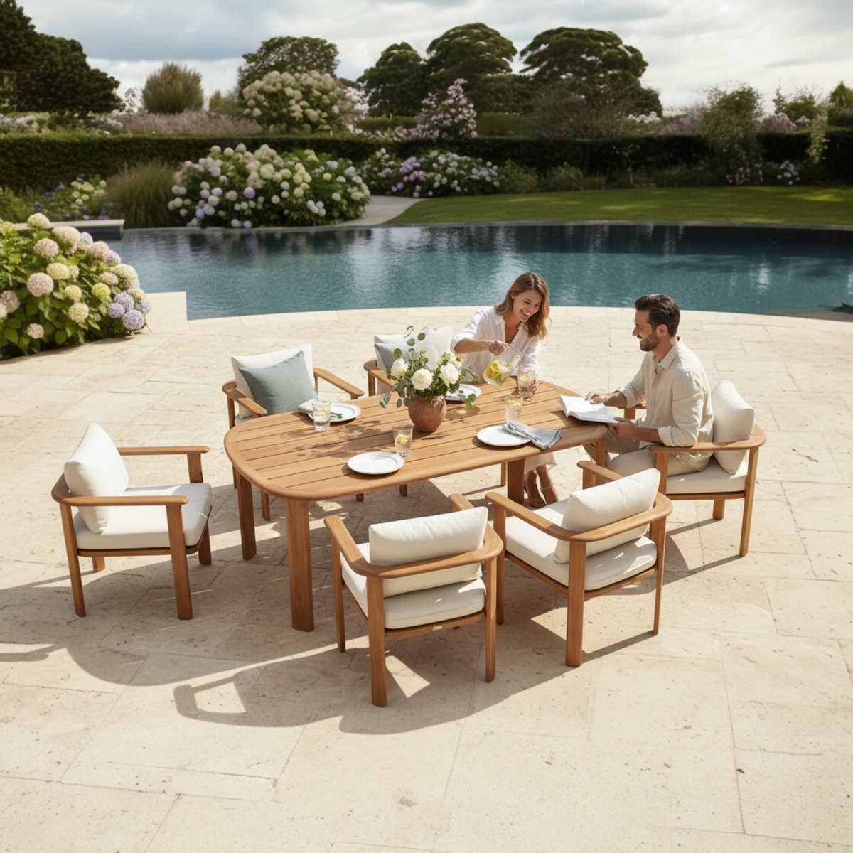 Roma 6-seat solid teak outdoor dining set – shown outdoors (2)
