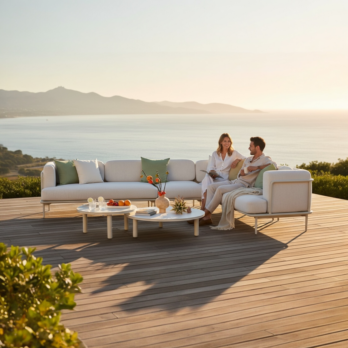 Flora white aluminum outdoor sectional with light gray cushions – shown outdoors (4)