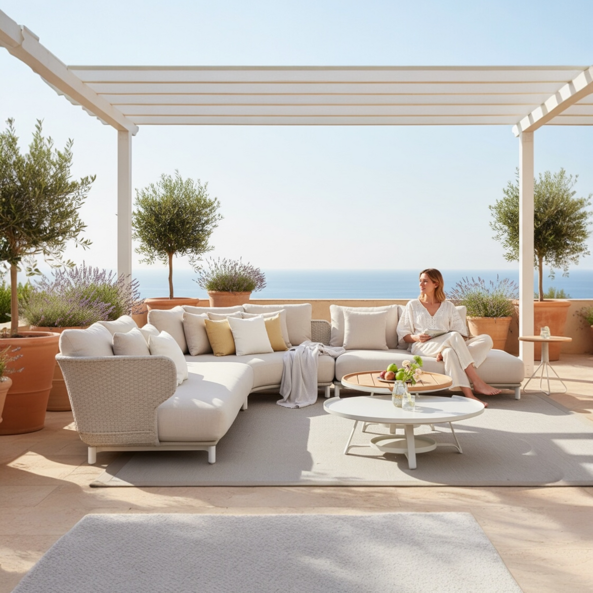 Charly rounded rope outdoor sectional with coffee and side tables – shown outdoors (5)