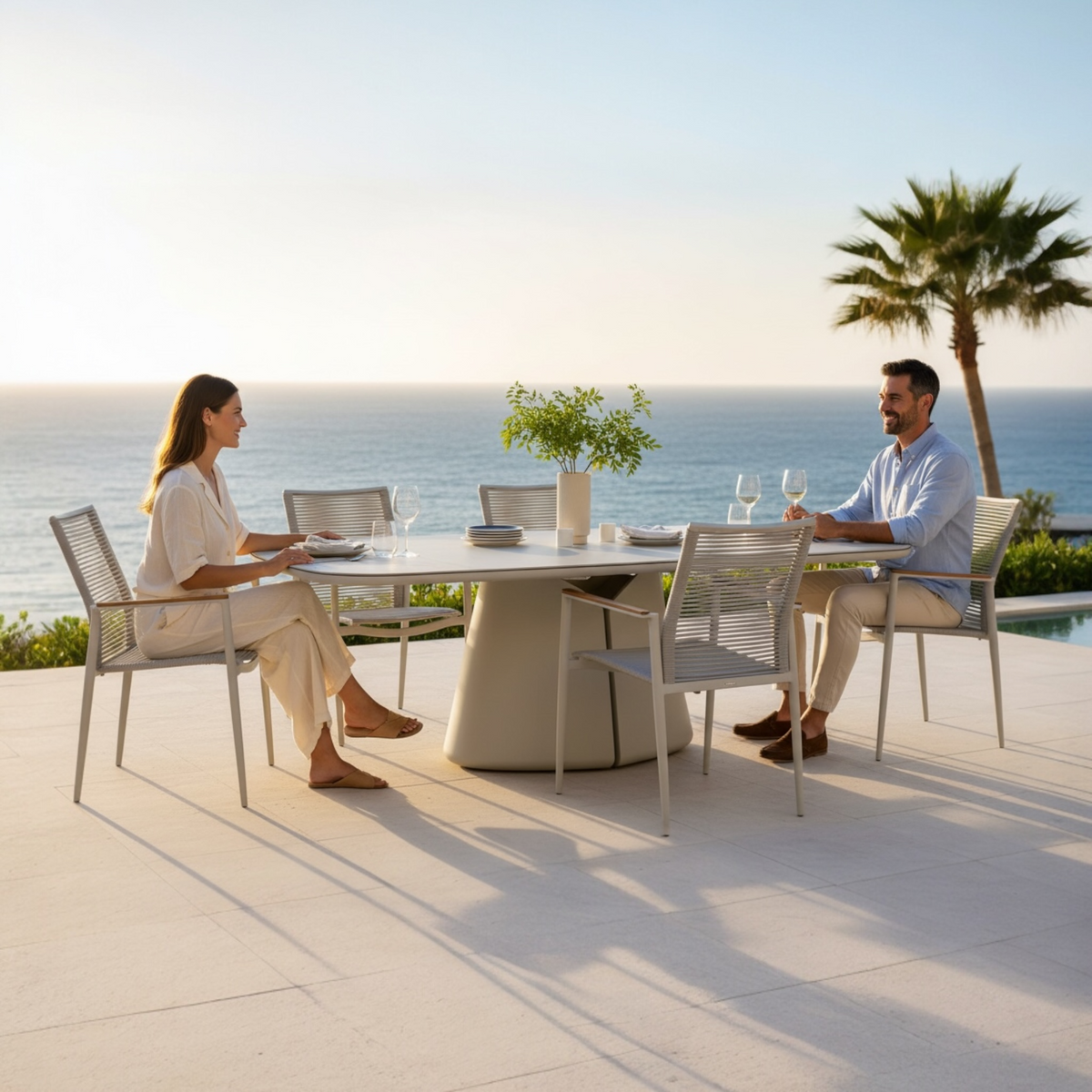 Venus sculptural beige ceramic outdoor dining table – shown outdoors