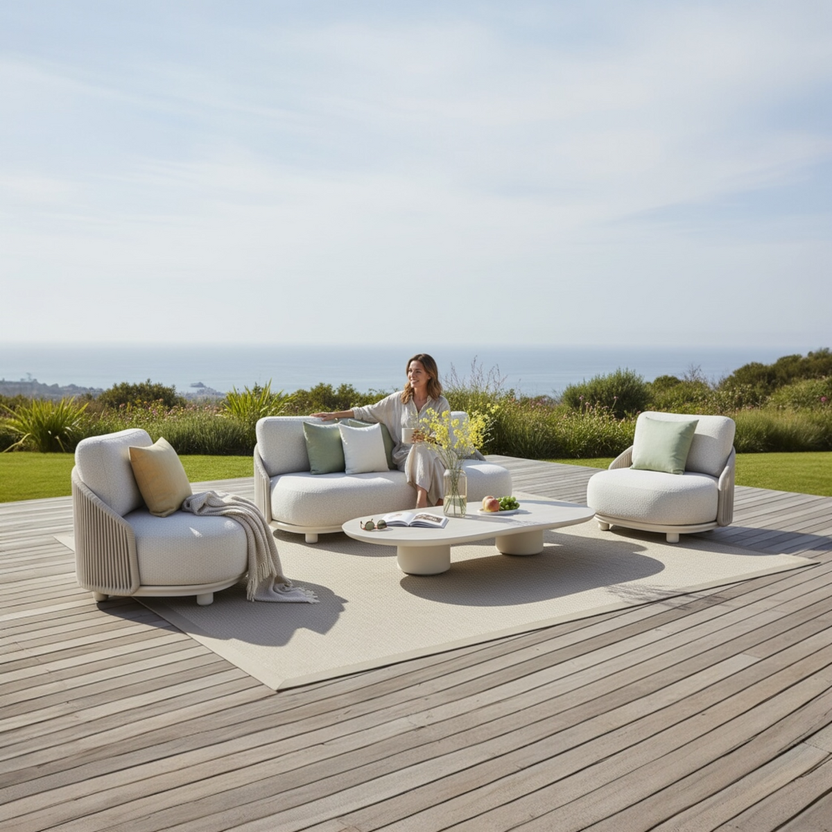 Aura beige rope outdoor lounge set with free-form ceramic coffee table – shown outdoors